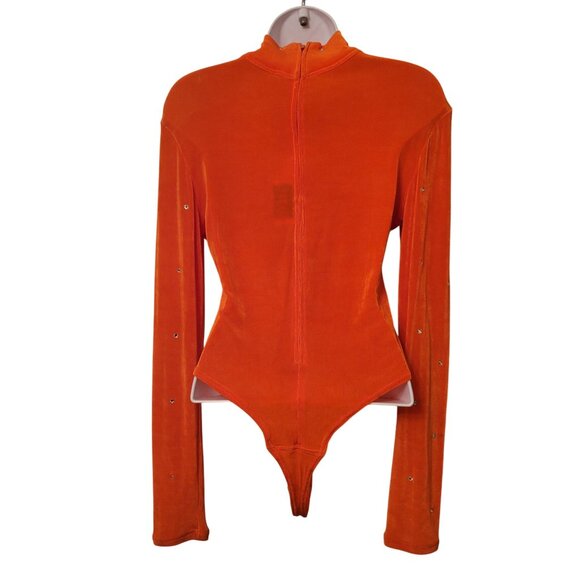 Vintage Isabel Orange Bodysuit Rhinestone M Liquid Knit‎ Stretch Mock Turtleneck - Picture 3 of 7